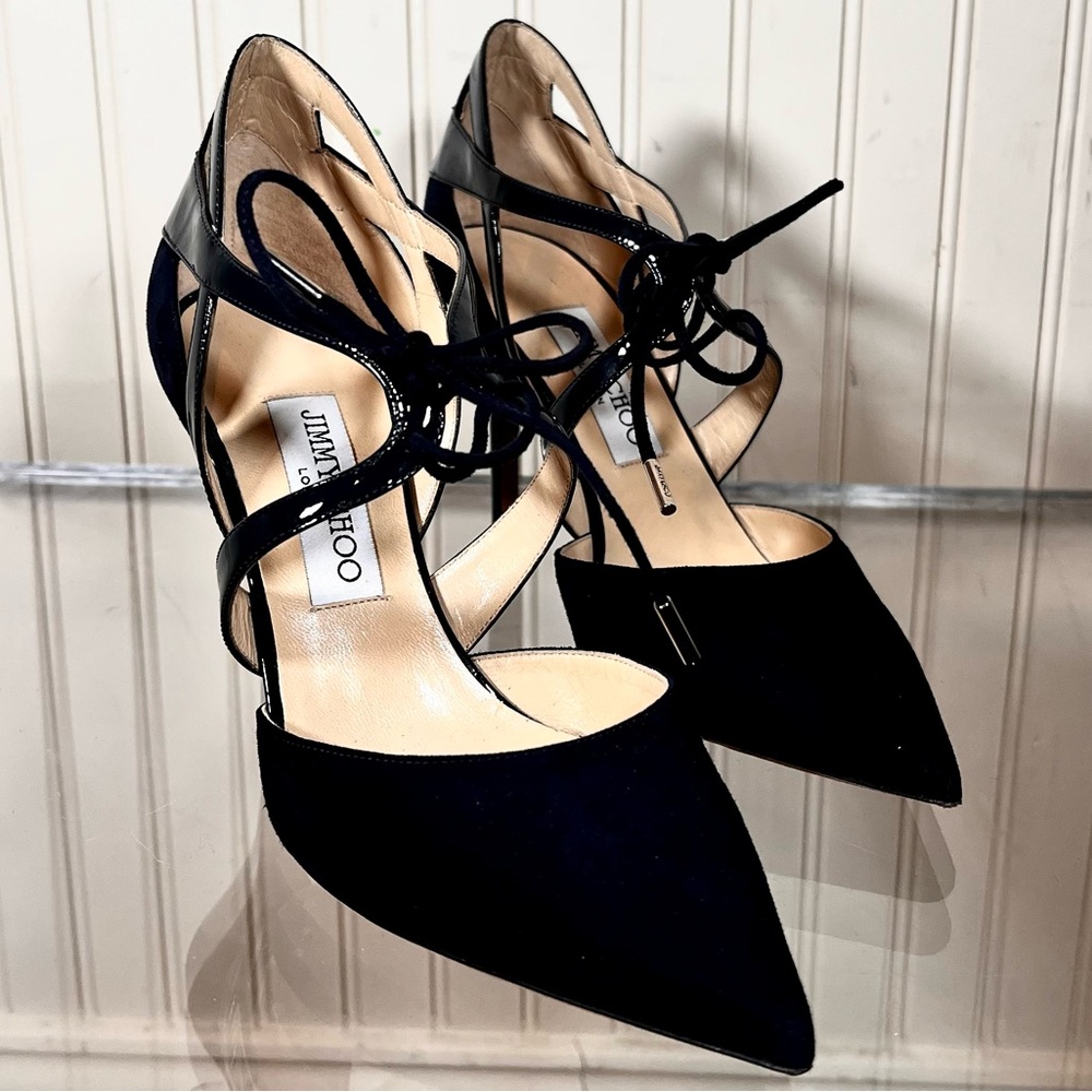 Jimmy Choo patent tie stiletto pumps
